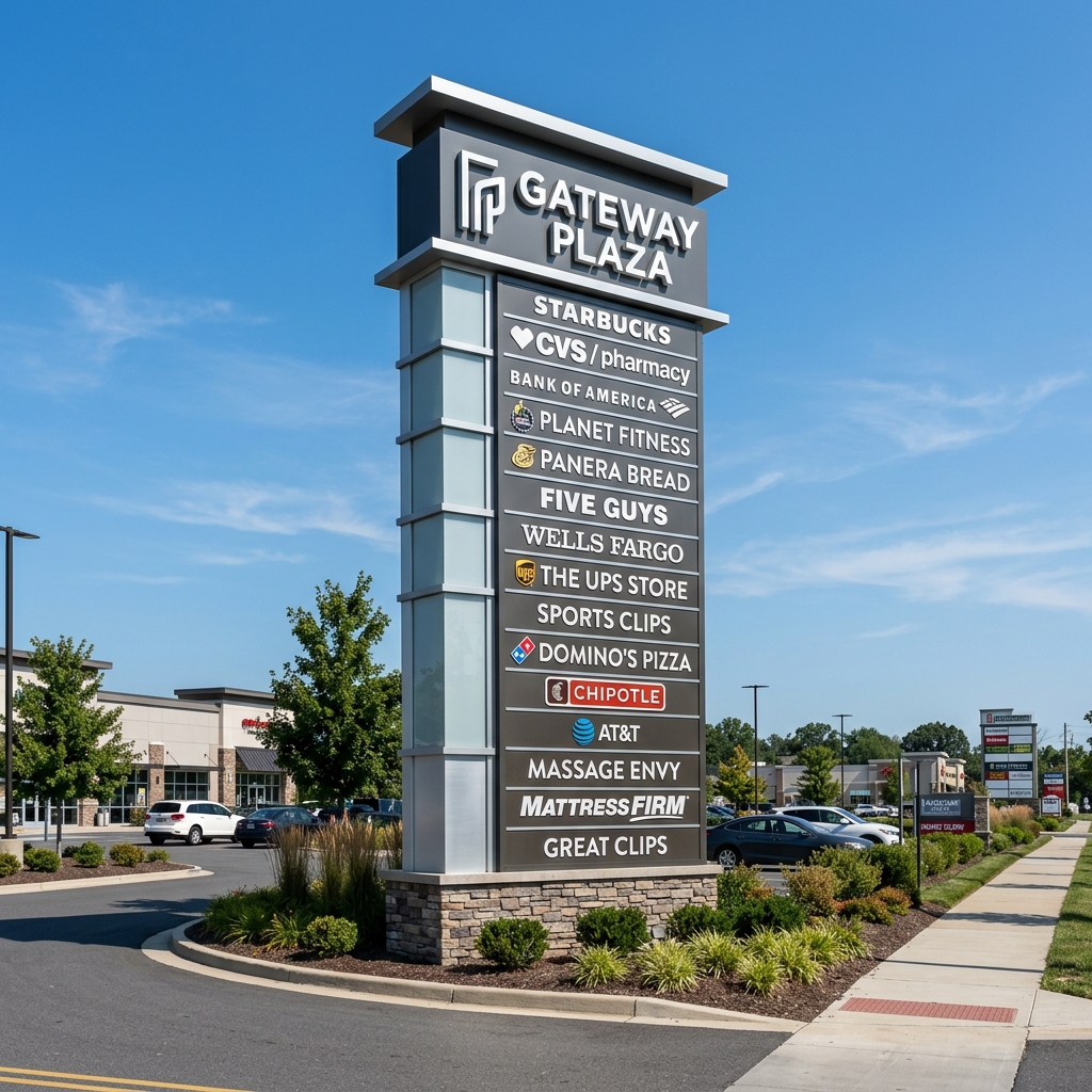 Multi-tenant plaza monument pylon sign